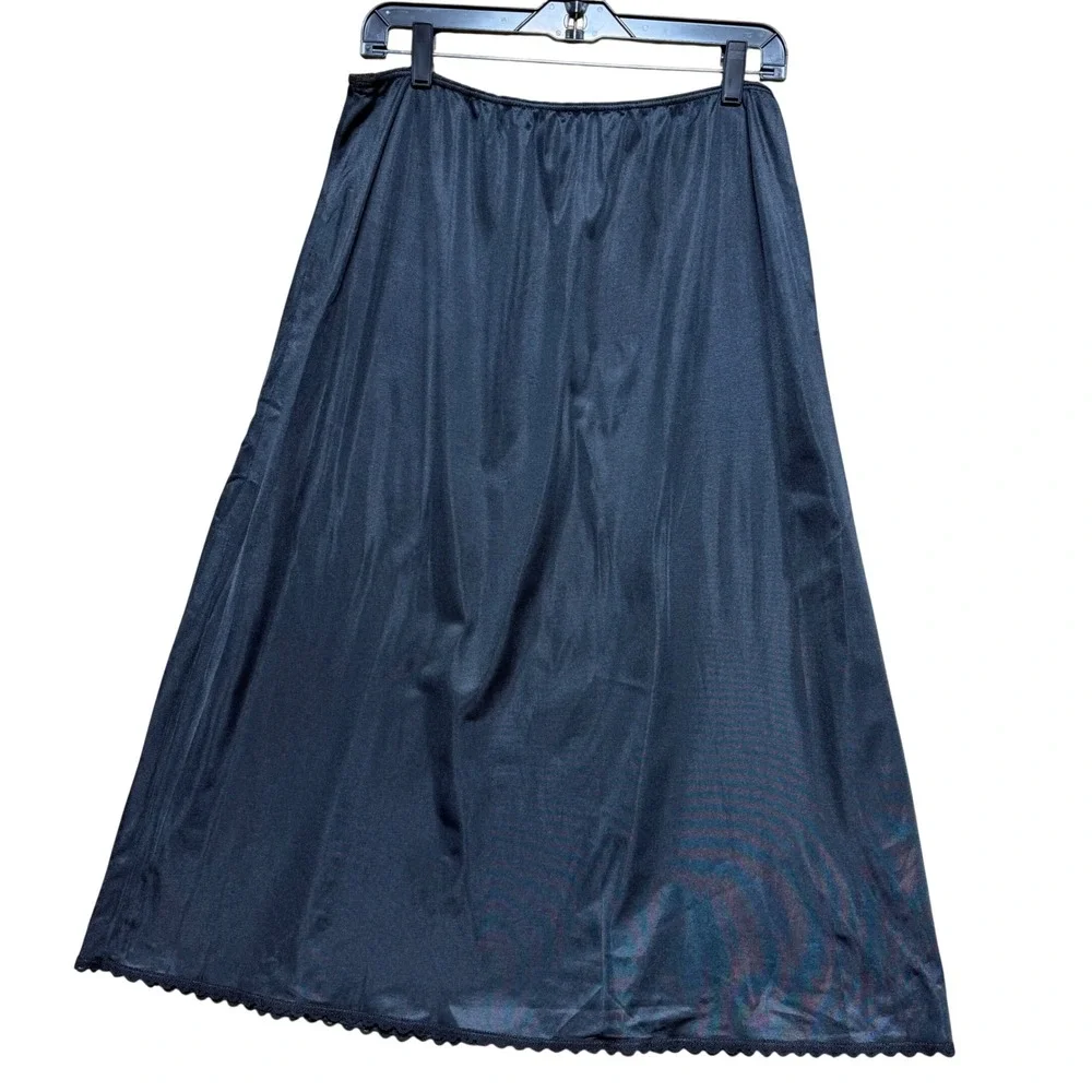 Vintage Black Long Half Slip Lace Trim Elastic Waist Maxi‎ Skirt Undergarment